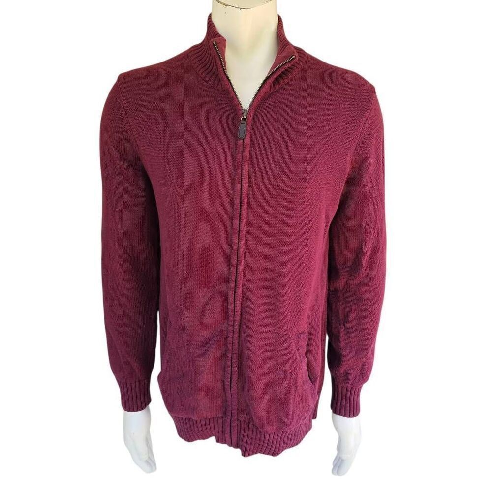L.L. Bean Men’s M Tall Burgundy Full Zip Cotton Sweater Jacket Knit Cardigan Poc